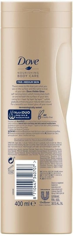 2 Pack of Dove Nourishing Body Care Visible Glow Gradual Self-Tan Fair to Medium Body Lotion 400ml - British D'sire