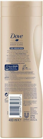 2 Pack of Dove Nourishing Body Care Visible Glow Gradual Self-Tan Fair to Medium Body Lotion 400ml - British D'sire