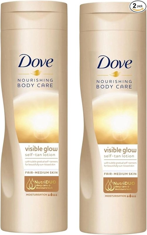 2 Pack of Dove Nourishing Body Care Visible Glow Gradual Self-Tan Fair to Medium Body Lotion 400ml - British D'sire