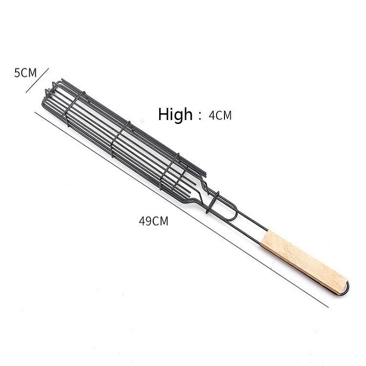 2 PCS Hot Dog Barbecue Cage Sausage Barbecue Clip Barbecue Clip Mesh Wooden Handle Barbecue Mesh Rack, Color:Wood color - British D'sire