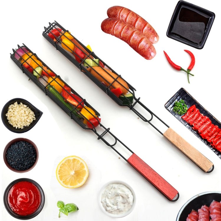 2 PCS Hot Dog Barbecue Cage Sausage Barbecue Clip Barbecue Clip Mesh Wooden Handle Barbecue Mesh Rack, Color:Wood color - British D'sire