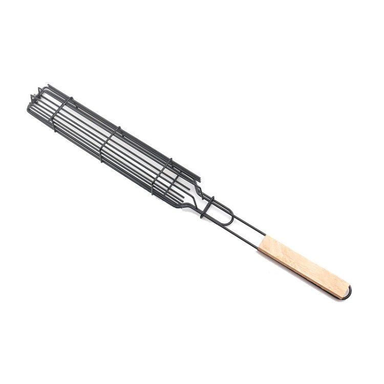 2 PCS Hot Dog Barbecue Cage Sausage Barbecue Clip Barbecue Clip Mesh Wooden Handle Barbecue Mesh Rack, Color:Wood color - British D'sire