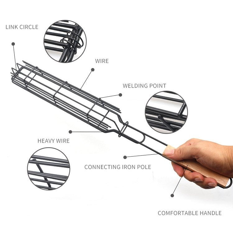2 PCS Hot Dog Barbecue Cage Sausage Barbecue Clip Barbecue Clip Mesh Wooden Handle Barbecue Mesh Rack, Color:Wood color - British D'sire
