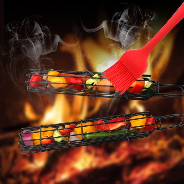 2 PCS Hot Dog Barbecue Cage Sausage Barbecue Clip Barbecue Clip Mesh Wooden Handle Barbecue Mesh Rack, Color:Wood color - British D'sire