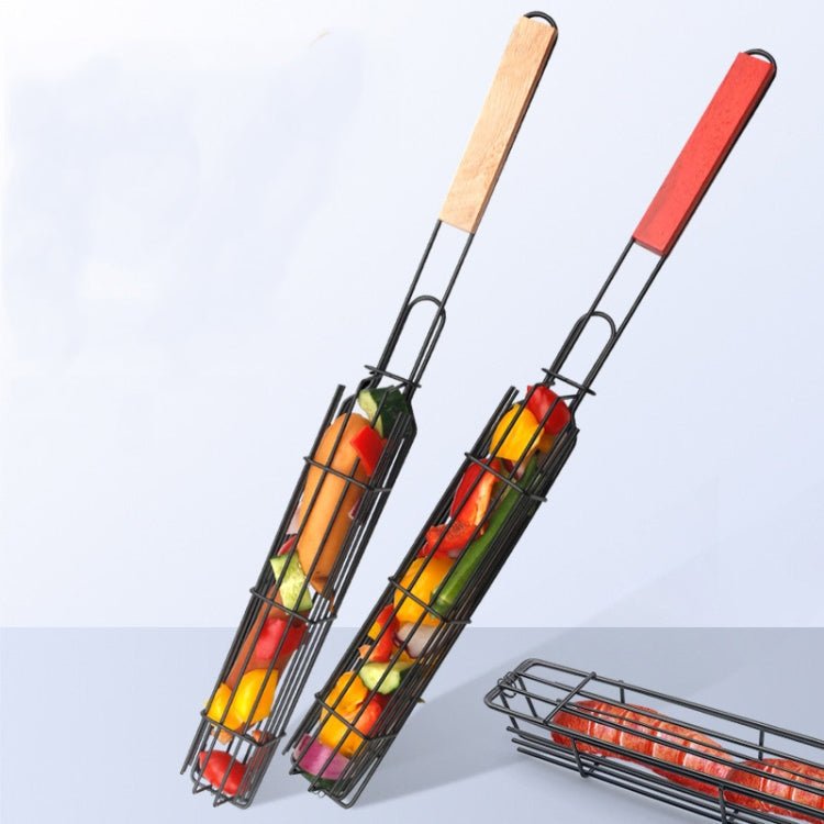 2 PCS Hot Dog Barbecue Cage Sausage Barbecue Clip Barbecue Clip Mesh Wooden Handle Barbecue Mesh Rack, Color:Wood color - British D'sire