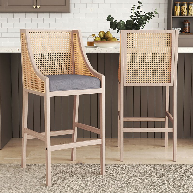 2 Pcs Natural Rattan Bar Stools with Backrest - Bar Stools - British D'sire