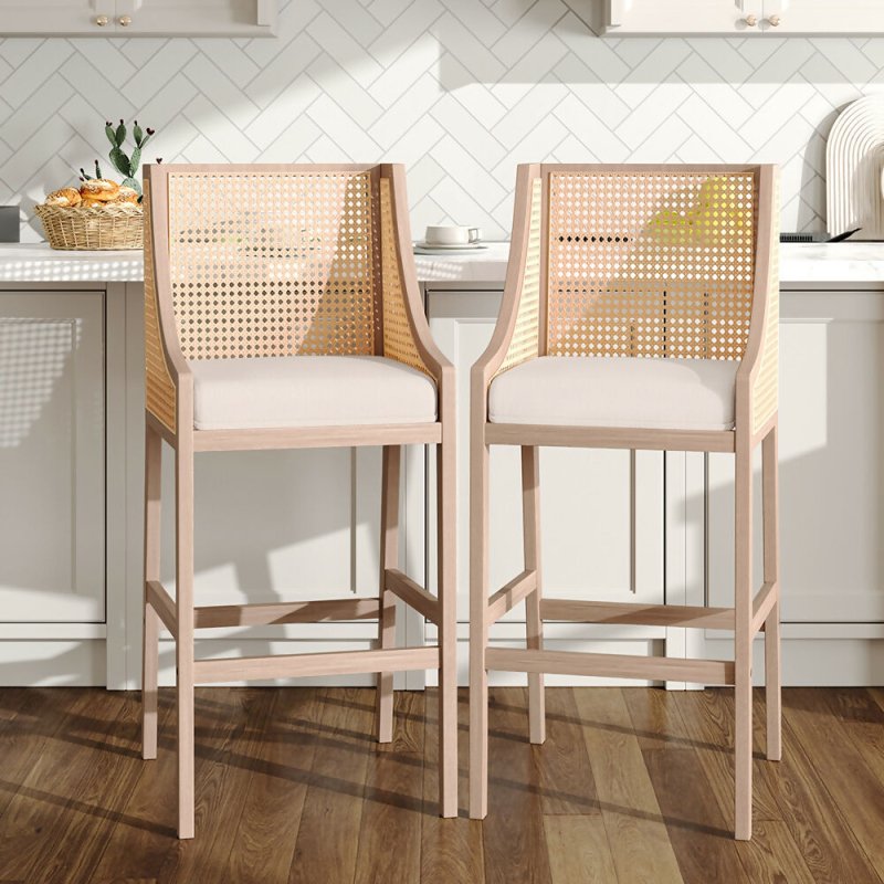 2 Pcs Natural Rattan Bar Stools with Backrest - Bar Stools - British D'sire