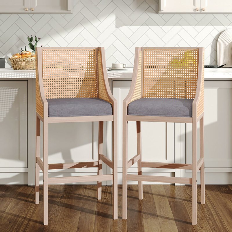 2 Pcs Natural Rattan Bar Stools with Backrest - Bar Stools - British D'sire Main image