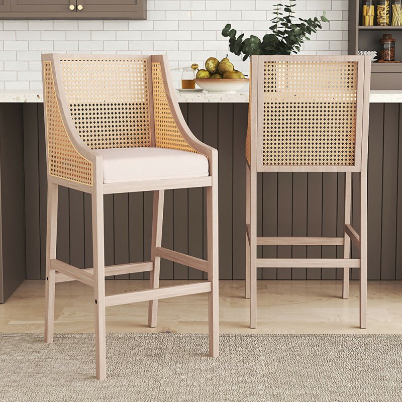 2 Pcs Natural Rattan Bar Stools with Backrest - Bar Stools - British D'sire