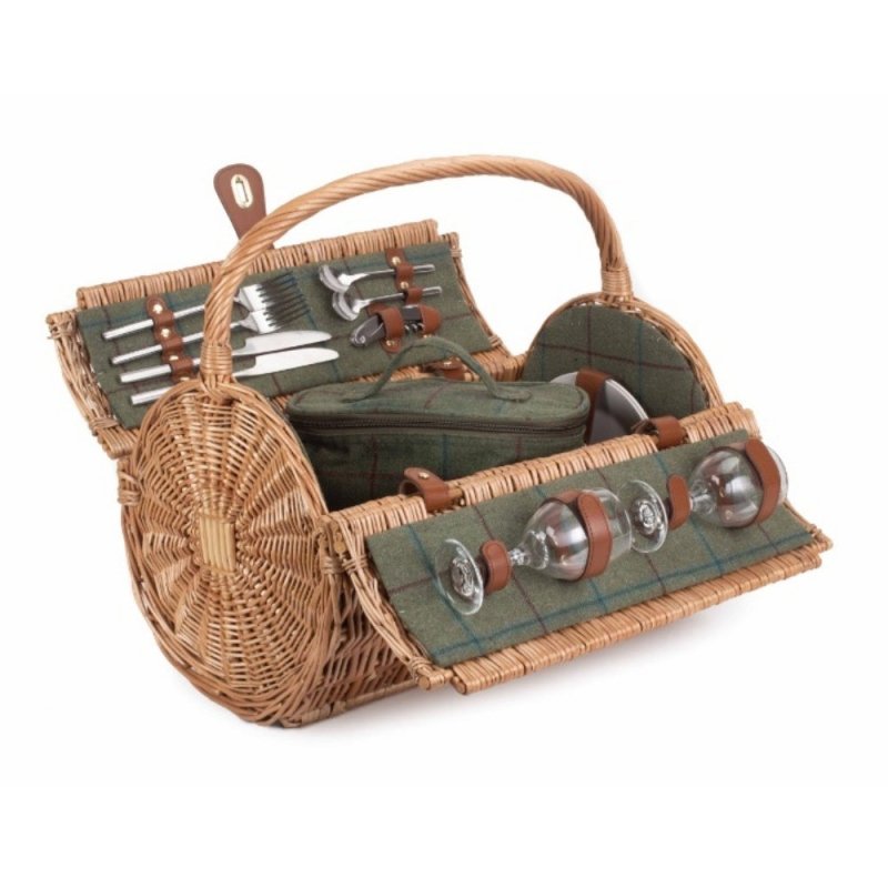 2 Person Green Tweed Barrel Wicker Picnic Basket - Fitted Picnic Baskets - British D'sire Main image