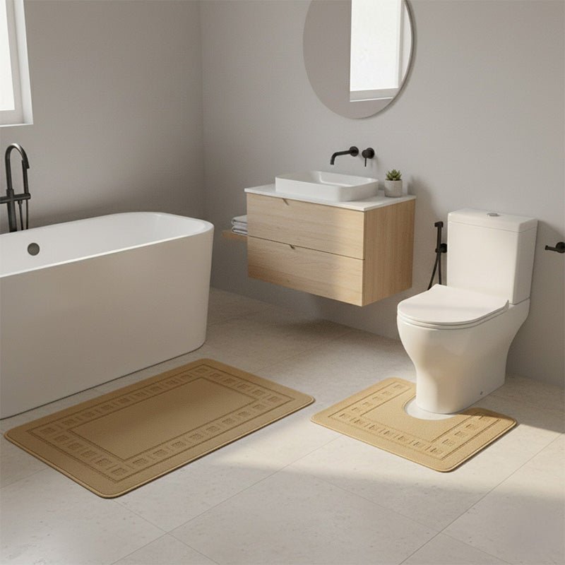2 Piece Box Design Bath Mat Set Soft Absorbent Non-Slip Bathroom Mats - Beige - British D'sire