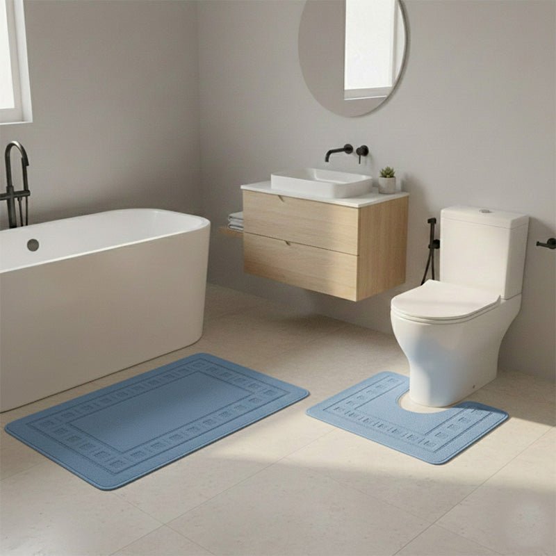 2 Piece Box Design Bath Mat Set Soft Absorbent Non-Slip Bathroom Mats - Mid Blue - British D'sire