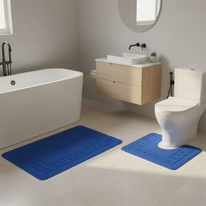 2 Piece Box Design Bath Mat Set Soft Absorbent Non-Slip Bathroom Mats - Mid Blue - British D'sire