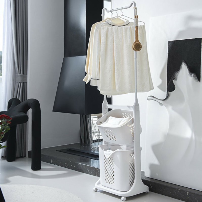 2-Tier Plastic Rolling Laundry Baskets with Hanging Rack Secondary image