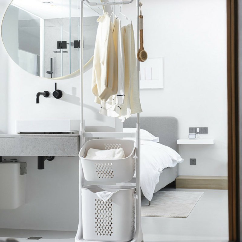 2 - Tier Plastic Rolling Laundry Baskets with Hanging Rack - Laundry Basket - British D'sire