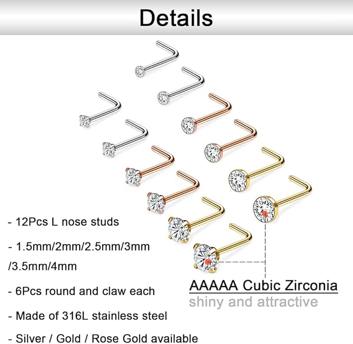 20G 1.5mm 2mm 2.5mm 3mm 3.5mm 4mm Nose Rings, 4-12Pcs Clear Diamond CZ Nose Studs Nose Piercings Jewellery Secondary image