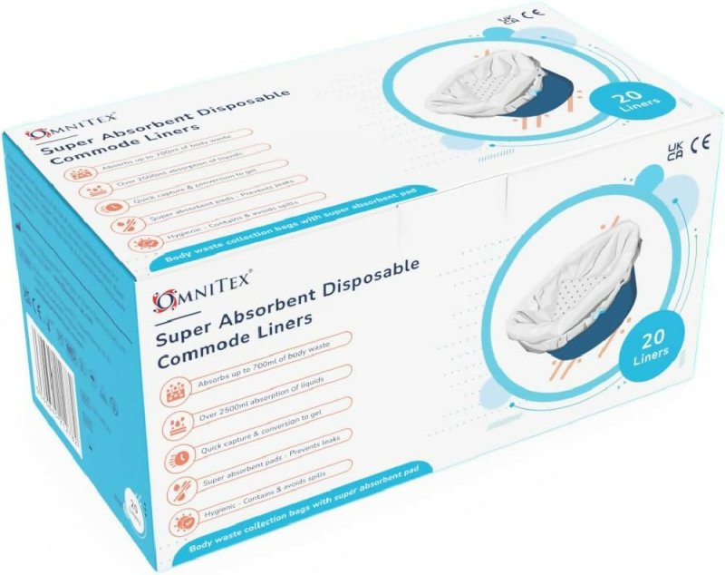20pk Omnitex Super High Absorption Commode Liners 2500ml, Bed Pan Liners with 80% SAP granules gel conversion pad | Strong Adult Portable Toilet Bag with drawstring and SAP Pad | CE & UKCA certified - Commode Liners - British D'sire