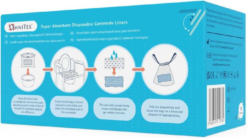 20pk Omnitex Super High Absorption Commode Liners 2500ml, Bed Pan Liners with 80% SAP granules gel conversion pad | Strong Adult Portable Toilet Bag with drawstring and SAP Pad | CE & UKCA certified Secondary image