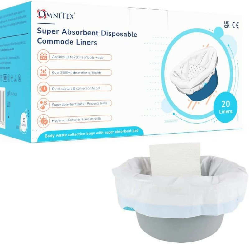20pk Omnitex Super High Absorption Commode Liners 2500ml, Bed Pan Liners with 80% SAP granules gel conversion pad | Strong Adult Portable Toilet Bag with drawstring and SAP Pad | CE & UKCA certified - Commode Liners - British D'sire Main image