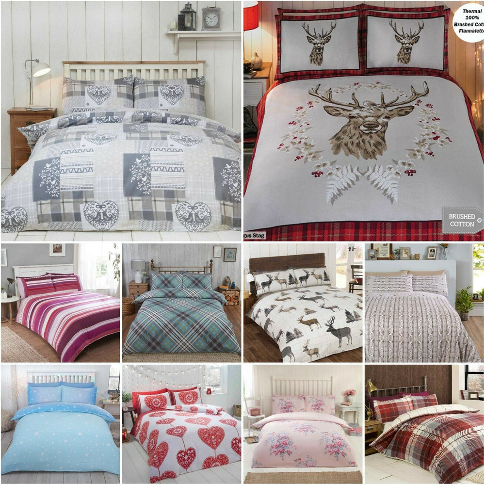100% Brushed Cotton Flannelette Reversible Duvet Quilt Cover Bedding 30 Designs
