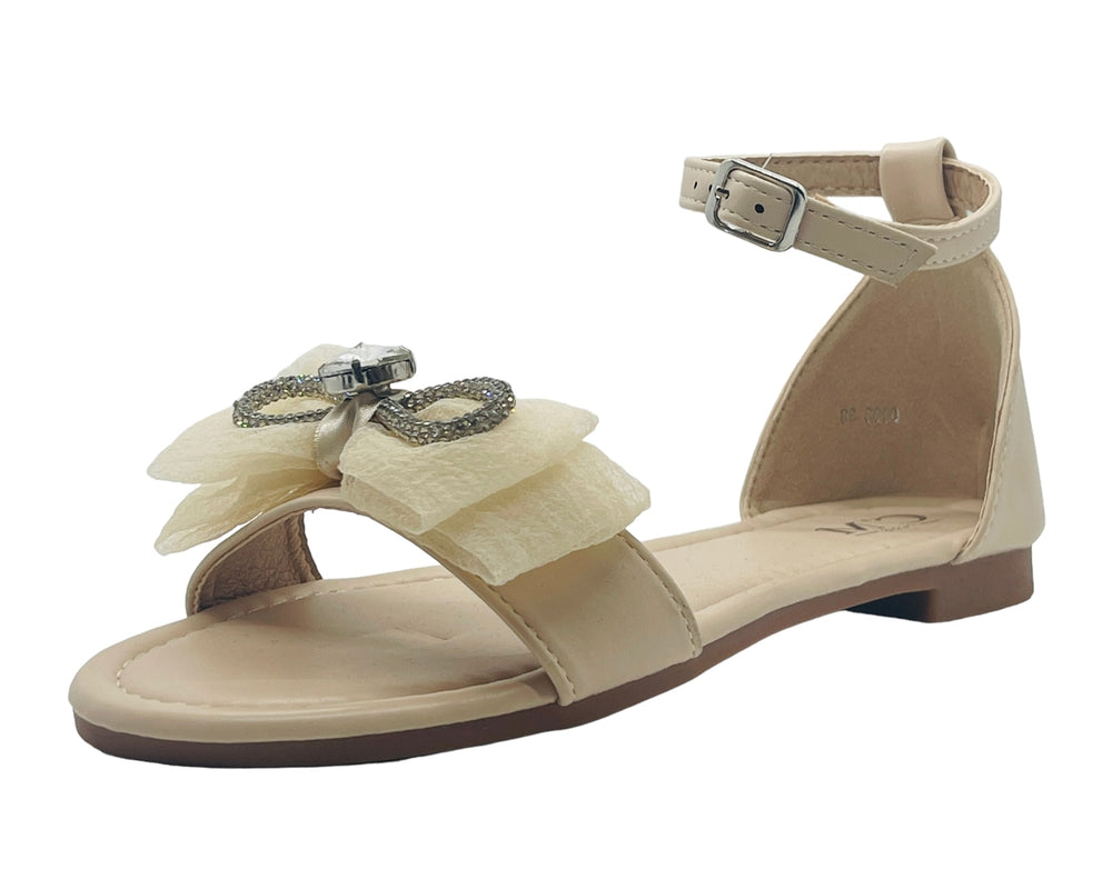 Ankle Strap Flat Rhinestone Mesh Bow Sandals