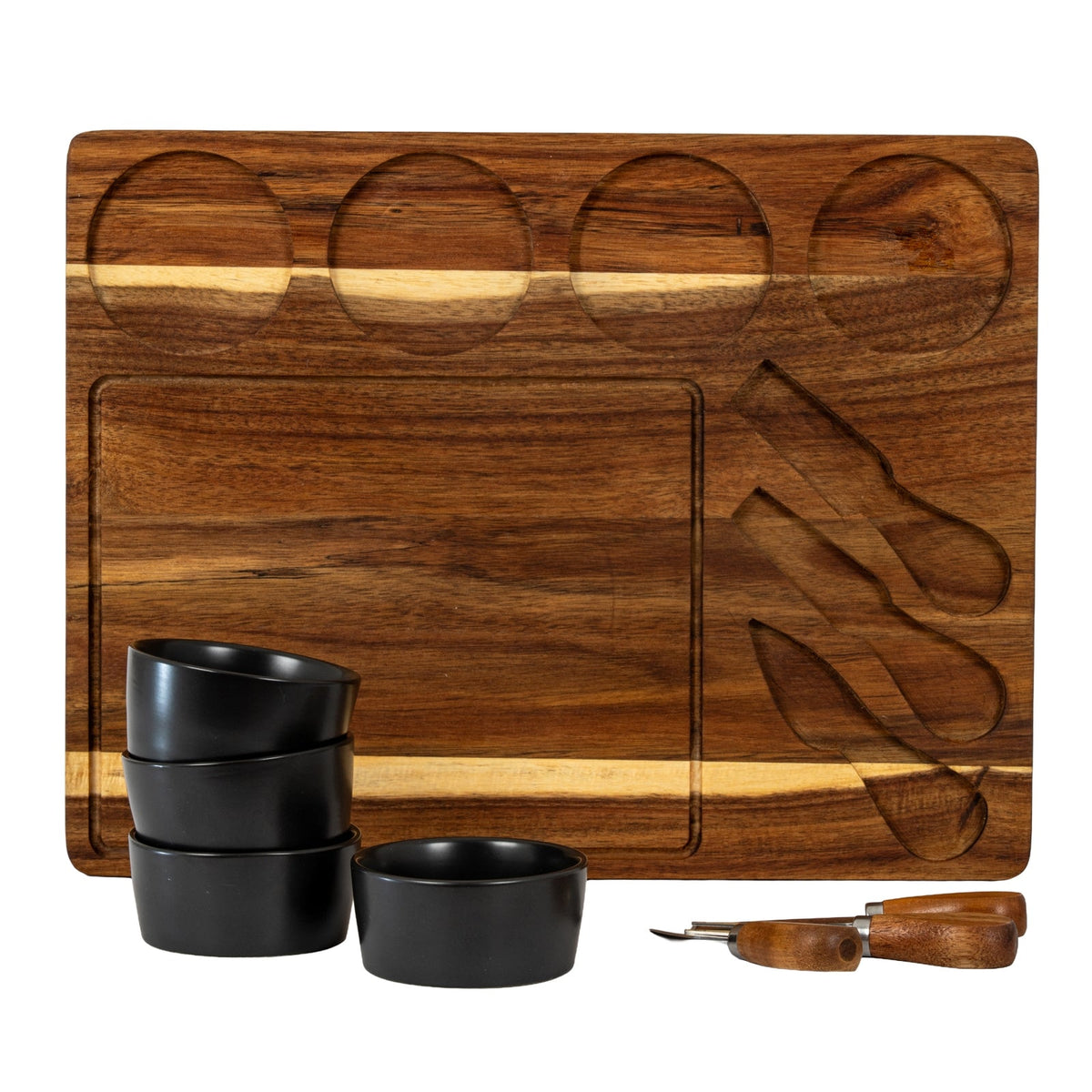 Acacia Cheese Board Set With Grey Ceramic Bowls and Cutlery