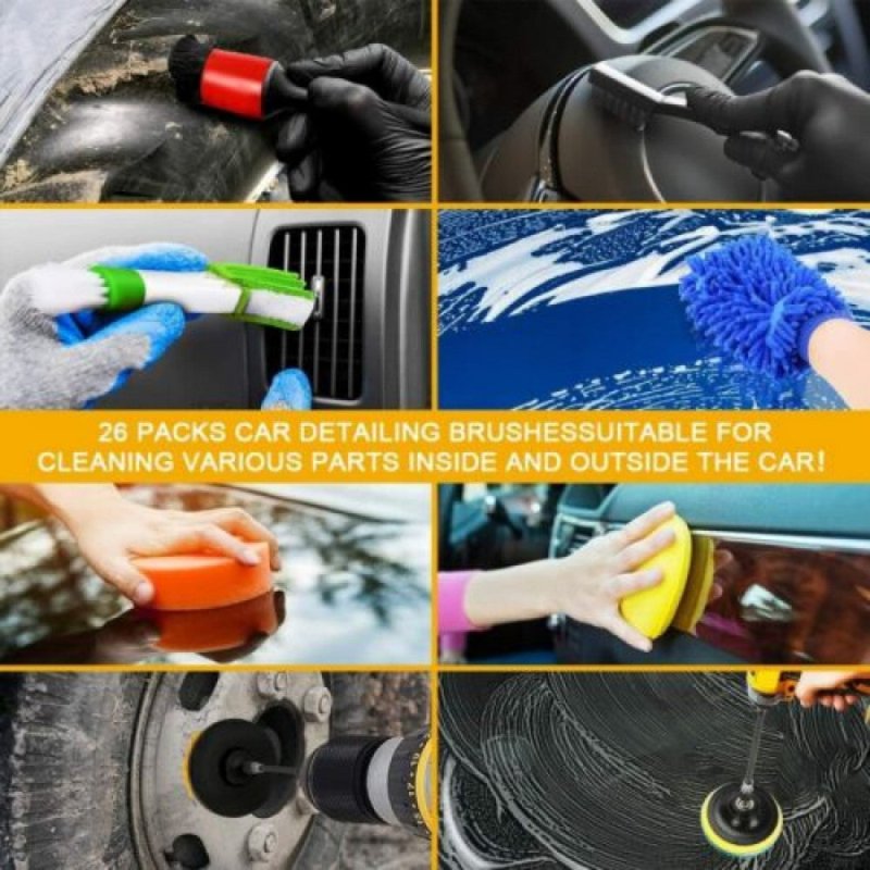 26PCS Car Cleaning Kit Auto Interior Exterior Detailing Brush Set w/Gloves Towel - British D'sire