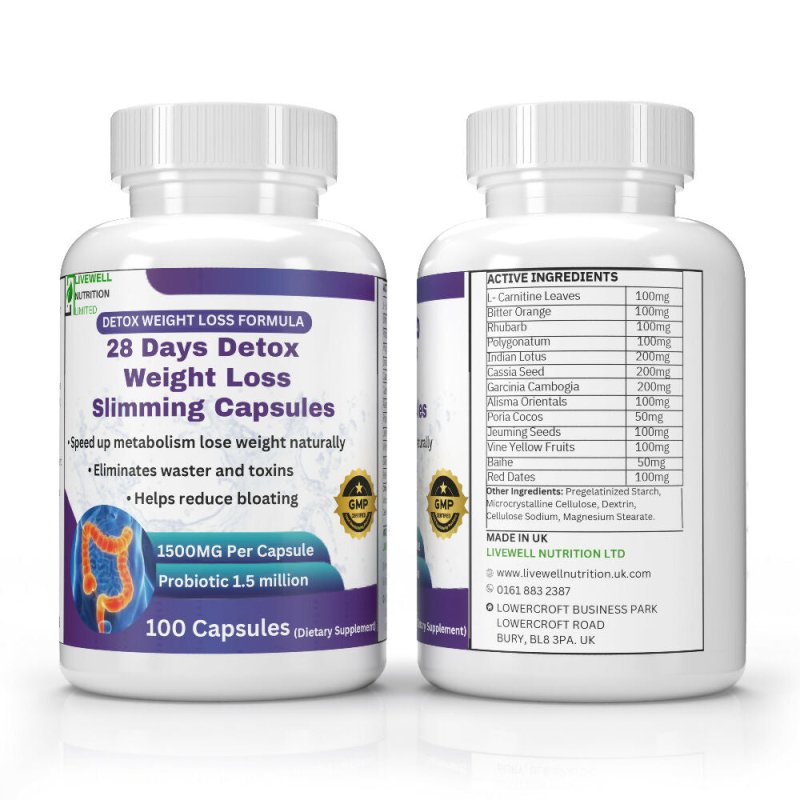 28 Detox Weight Loss Sliming Capsule, Gentle Detoxification Healthy Weight Loss, with Added Probiotic 100 Capsules 1.5m Lactobacillus Acidophilus100 Capsules @ 1200mg - Vitamins & Supplements - British D'sire Main image
