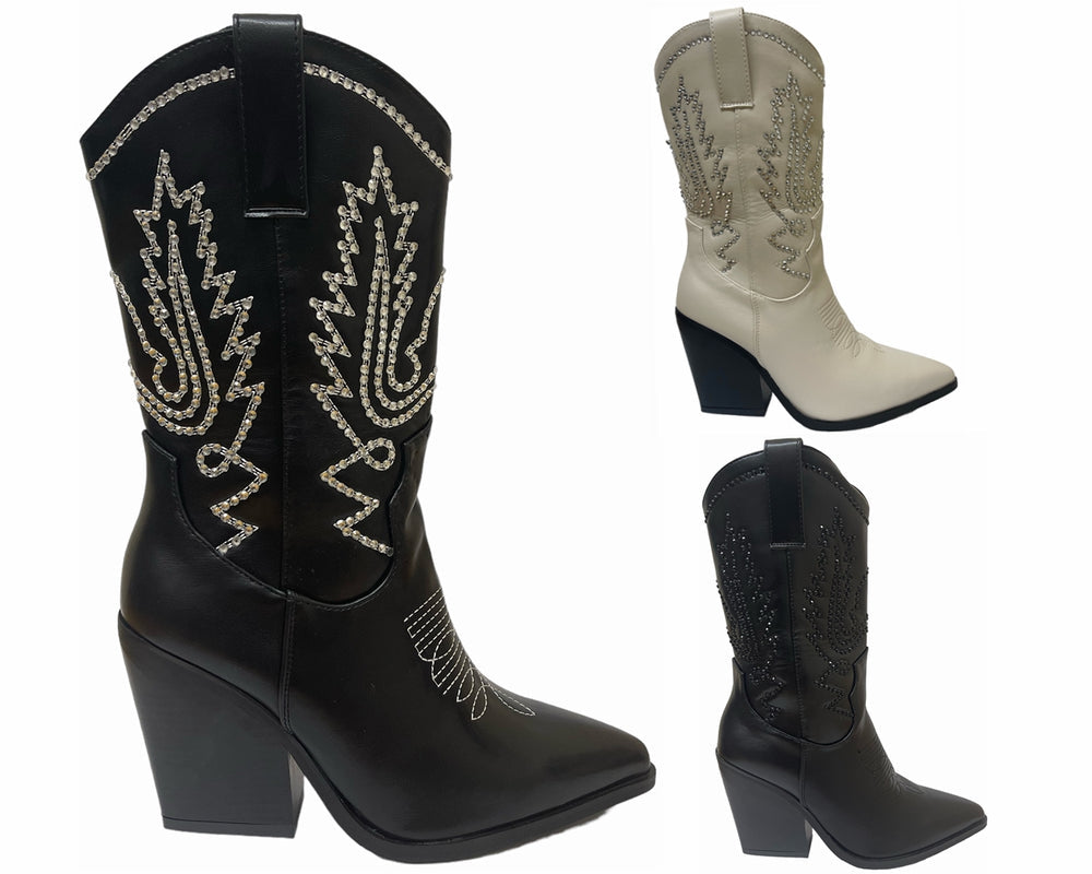 Mid Calf Cowboy Embroidery Diamante Boots Main image