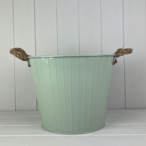 28cm Sage Green Round Tapered Zinc Planter with Rope Ears and Drainage Hole Secondary image