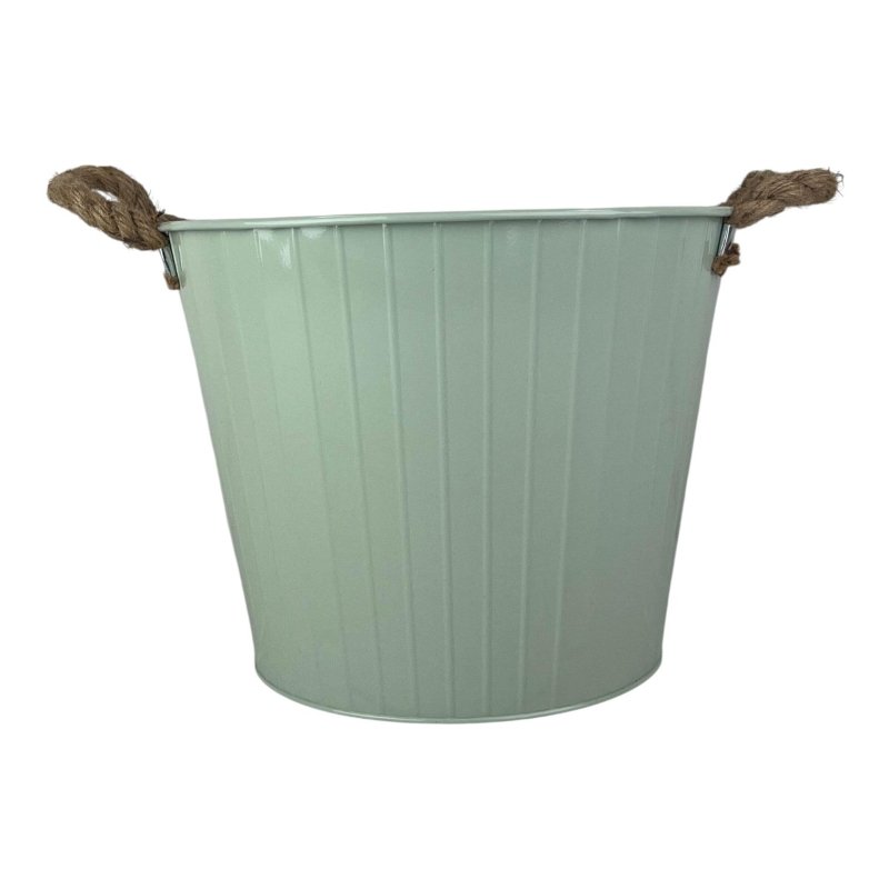 28cm Sage Green Round Tapered Zinc Planter with Rope Ears and Drainage Hole - Plant Pot - British D'sire Main image