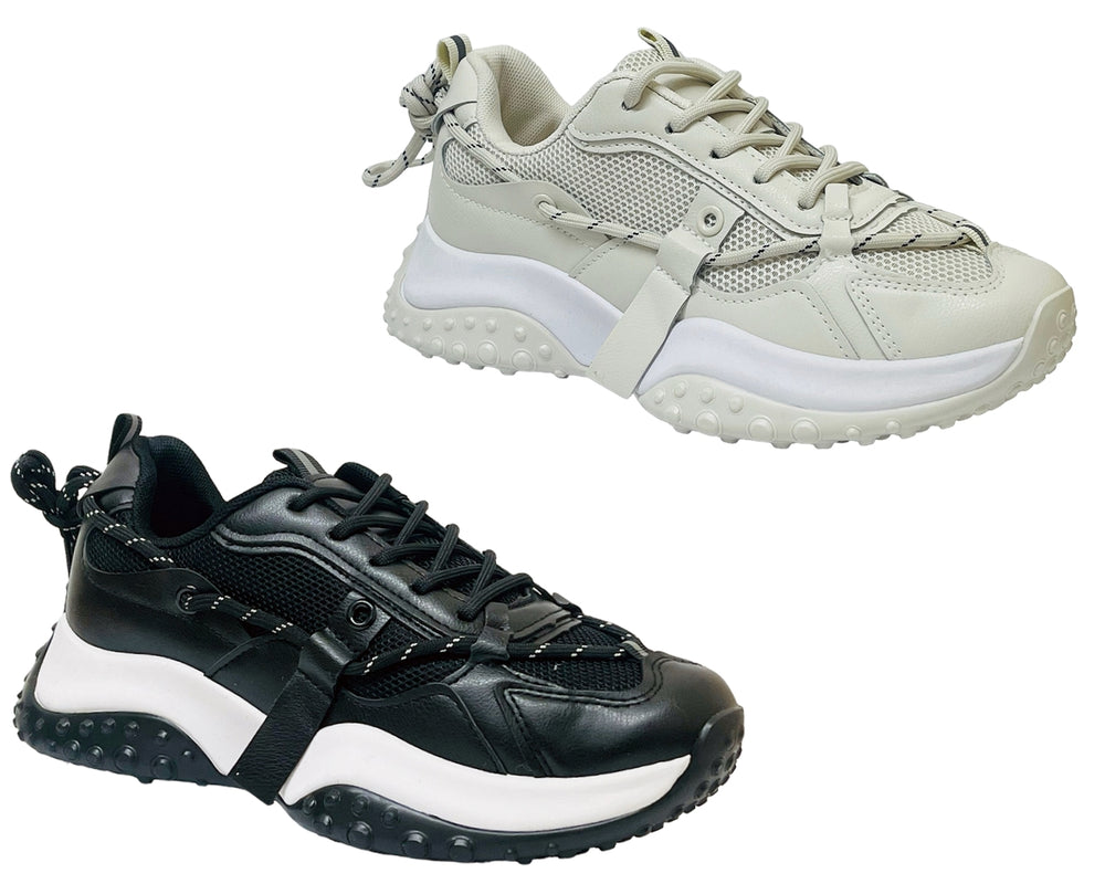 Women's Lace Up Faux Leather Mesh Trainers Main image