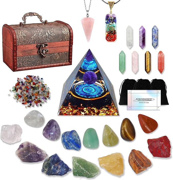 29pcs Healing Crystals Set, Crystals and Gemstones Set 7raw Chakra and 7tumbled Stones, 7bullet Shaped Chakra Stones, 2crystal Necklace, Crystal Pyramid, Crystals and Gemstones,Crystal Gifts - Gemstones - British D'sire Main image