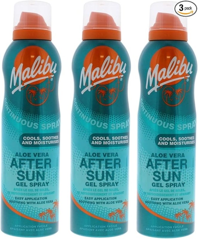 3 Malibu Aerosol Continuous Aftersun Gel Spray with Aloe Vera. Pack Contains 3 Bottles - 175ml Each - British D'sire