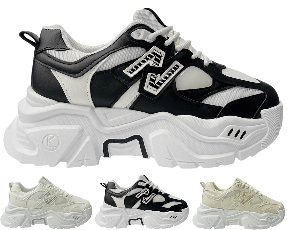 Women's Faux Leather Chunky Sole Lace Up Trainers Main image