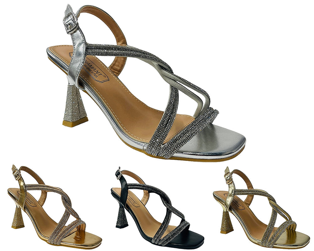 Women's Crossover Diamante Strappy Spool Heel Shoes Main image