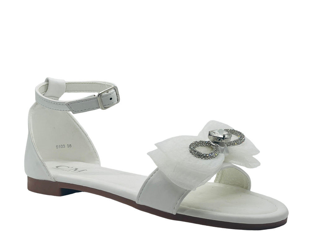 Ankle Strap Flat Rhinestone Mesh Bow Sandals