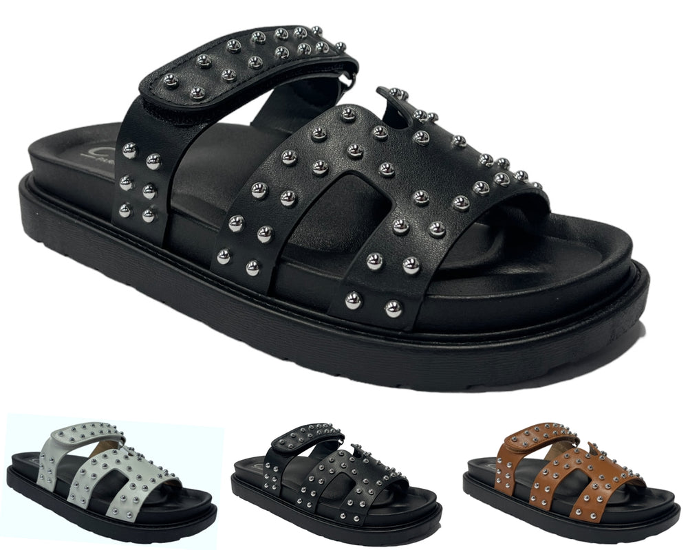 Faux Leather Flat Studded Sliders