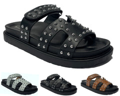 Faux Leather Flat Studded Sliders