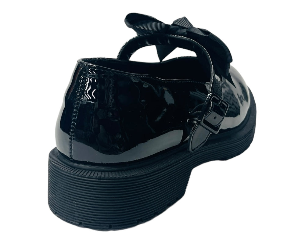 Faux Patent Leather Buckle Bow Flat Shoes