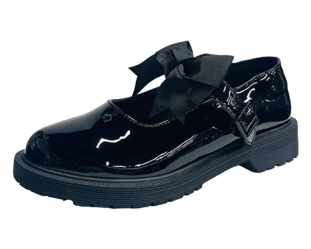 Faux Patent Leather Buckle Bow Flat Shoes