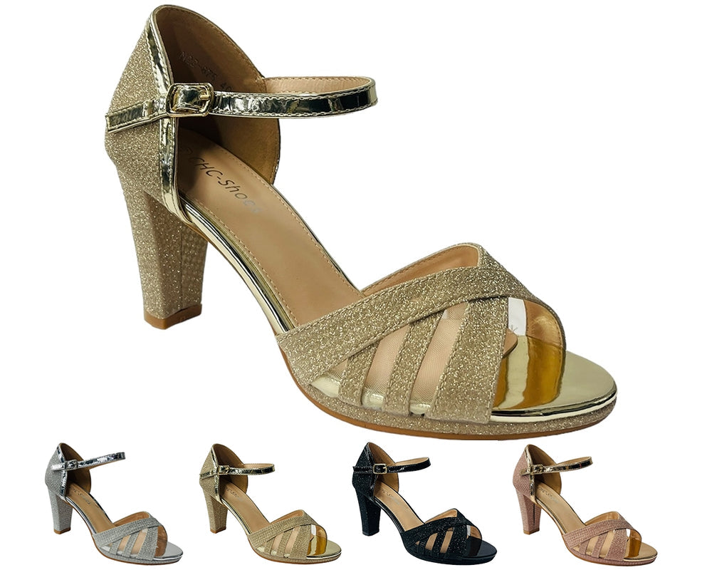 Glitter Ankle Strap Block Heel Shoes Main image