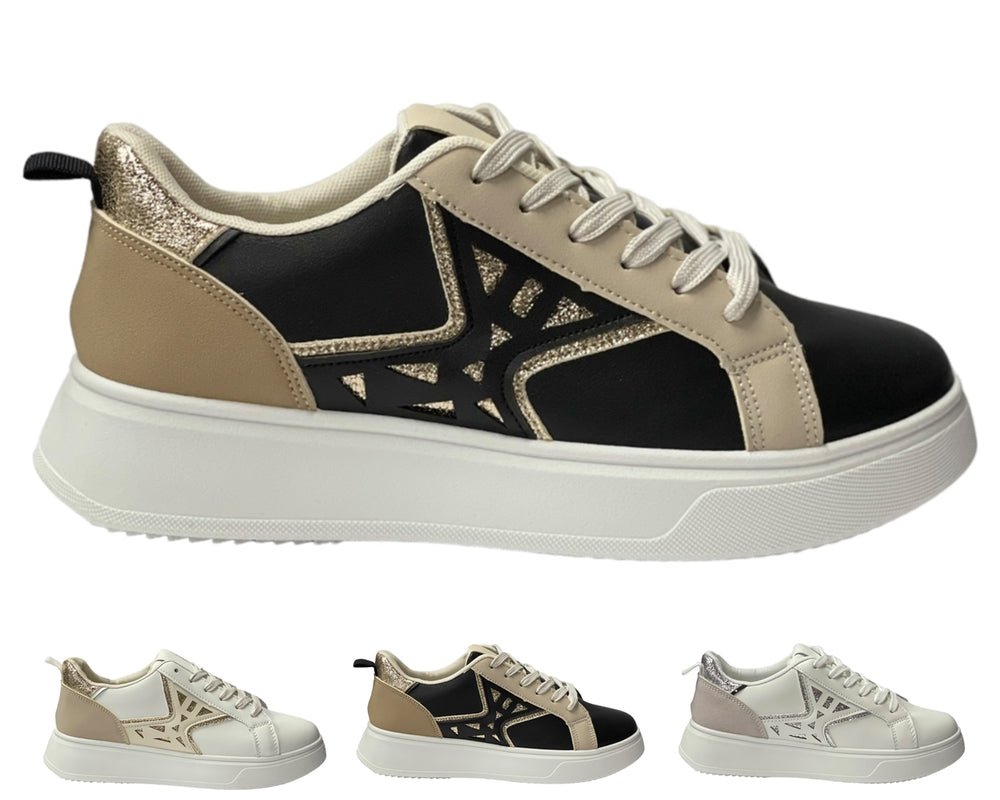 Faux Leather Laser Cut Lace Up Trainers Main image