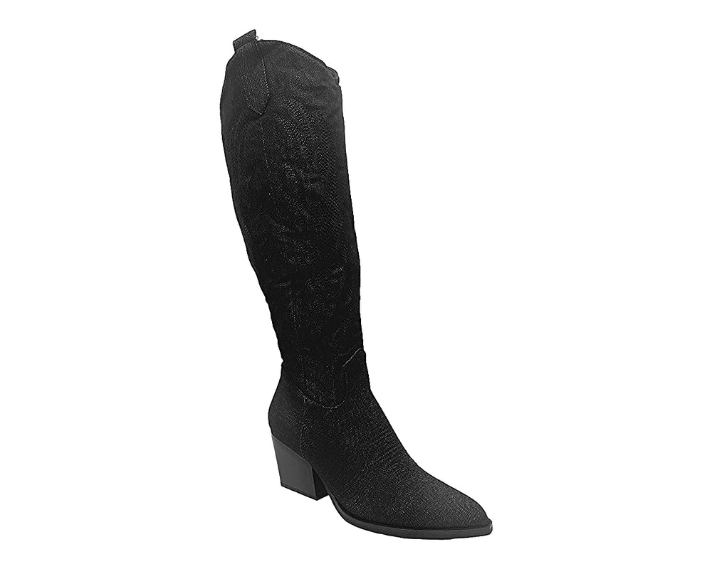 Embroidered Denim Knee High Cowboy Boots