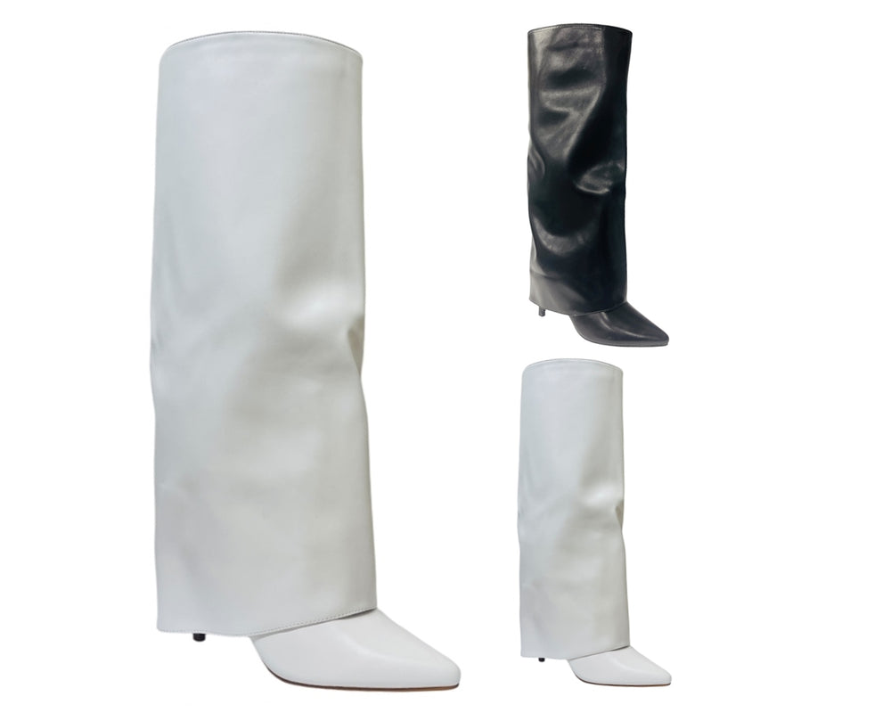 Faux Leather Kneel High Fold Over Stiletto Heel Boots Main image