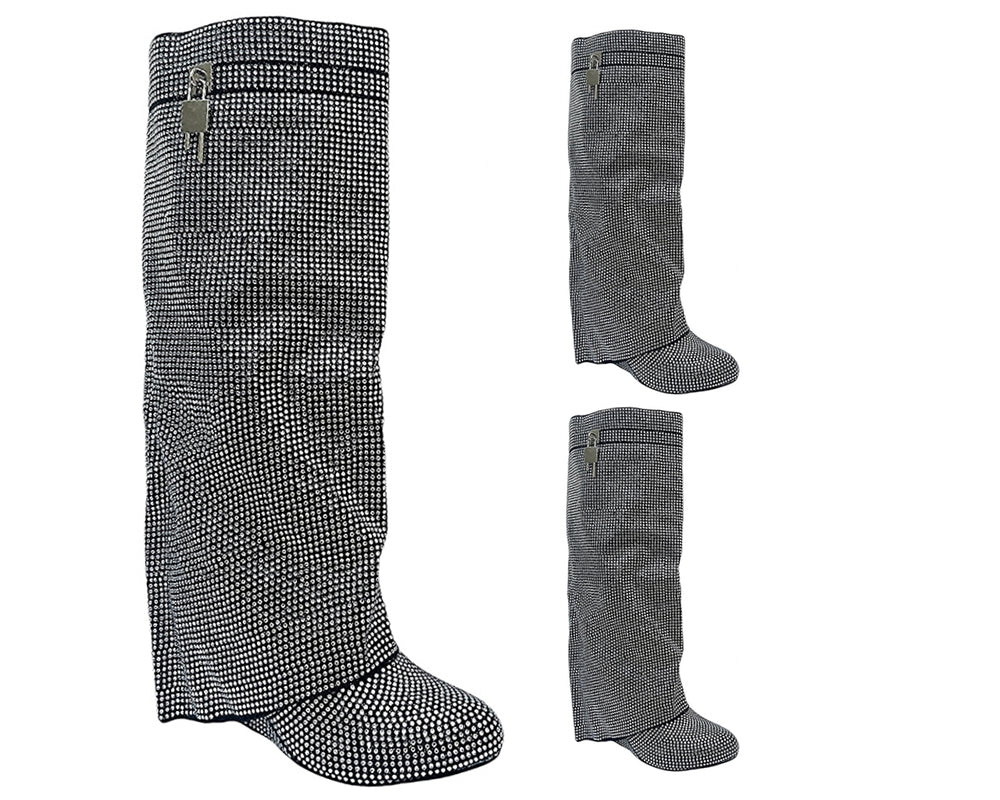 Fold Over Padlock Rhinestone Knee High Wedge Boots Main image