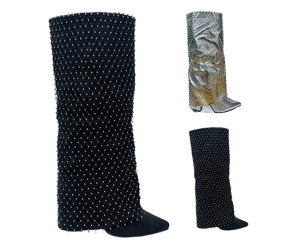 Fold Over Kneel High Diamante Fishnet Boots Main image