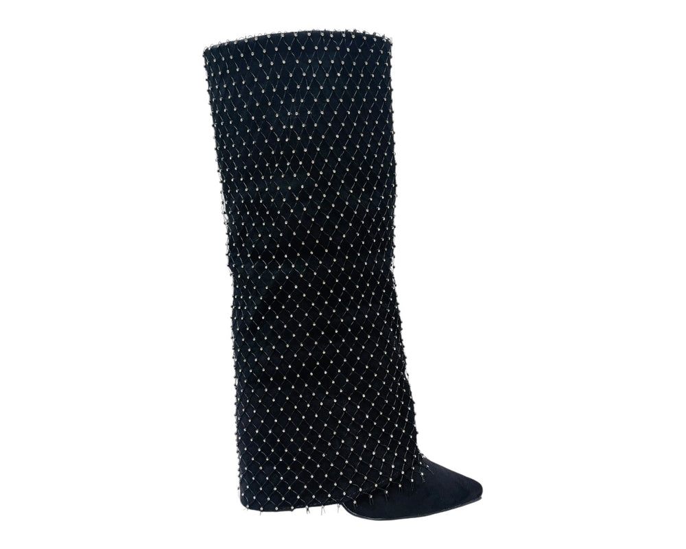 Fold Over Kneel High Diamante Fishnet Boots Secondary image