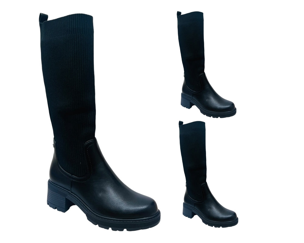 Faux Leather Knitted Knee High Boots
