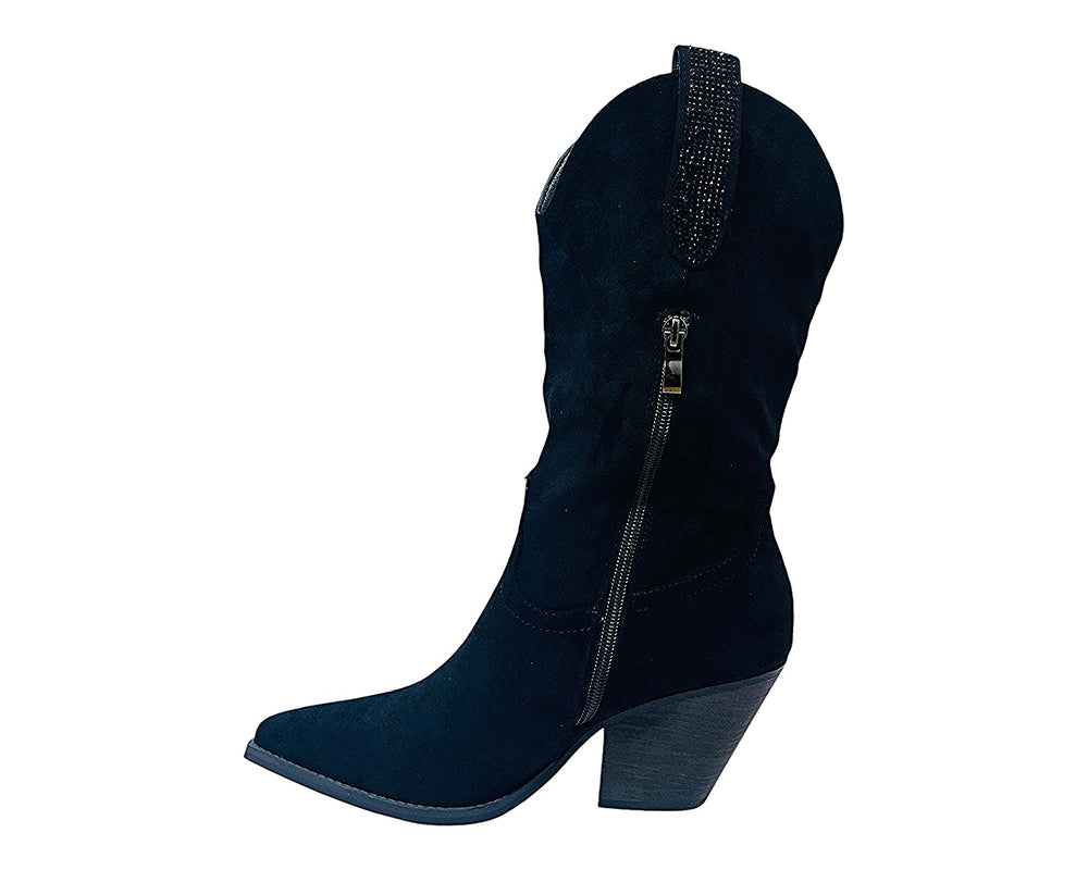 Faux Suede Western Cowboy Diamante Mid Calf Boots